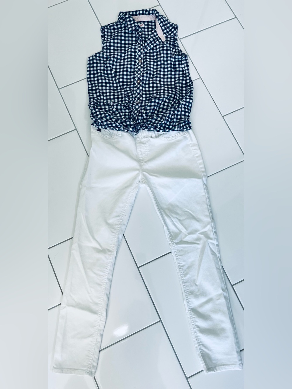 Cat & Jack Navy and White Gingham Button-Up Shirt with Pink Trim